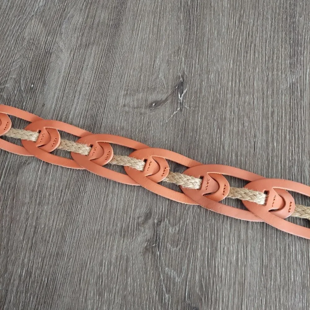 Linea Pelle Leather Link Jute Hip Sling Belt Sz S Orange Cream Ring Buckle Boho
